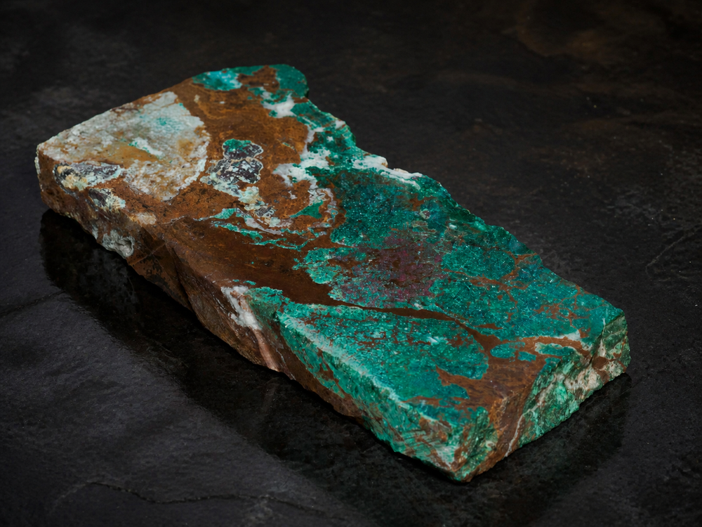 DeGrussa malachite with cuprite mineral specimen, diagonal view