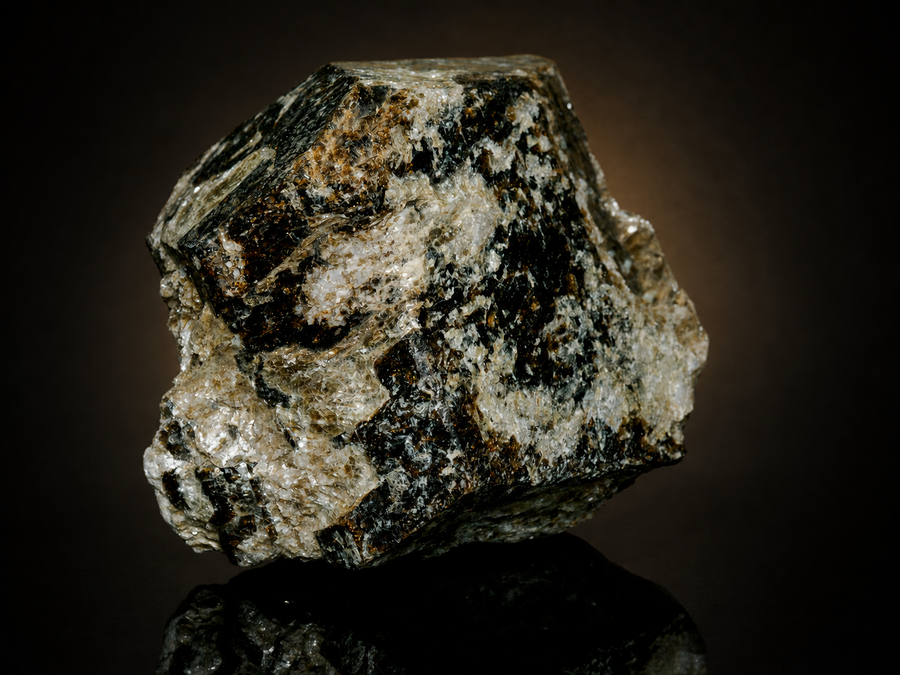 Black Tourmaline (Schorl) in Quartz & Mica — 425 g, mineral specimen, front view.