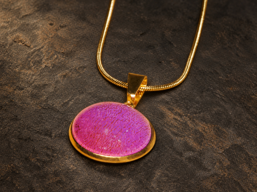 Rose Strata pink disc pendant on gold-toned chain
