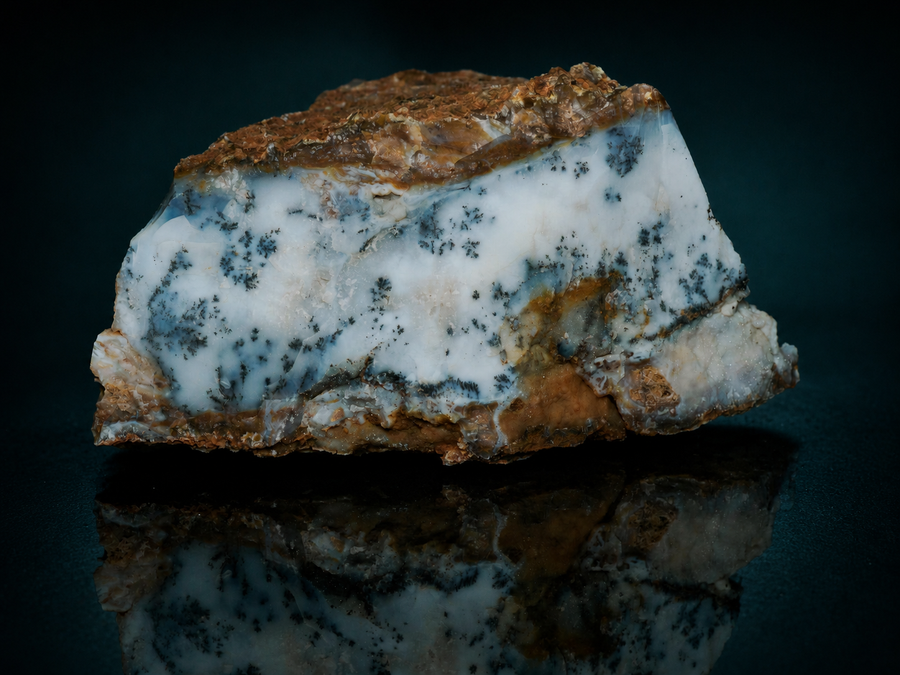 Large dendritic opalite display specimen in matrix, front view