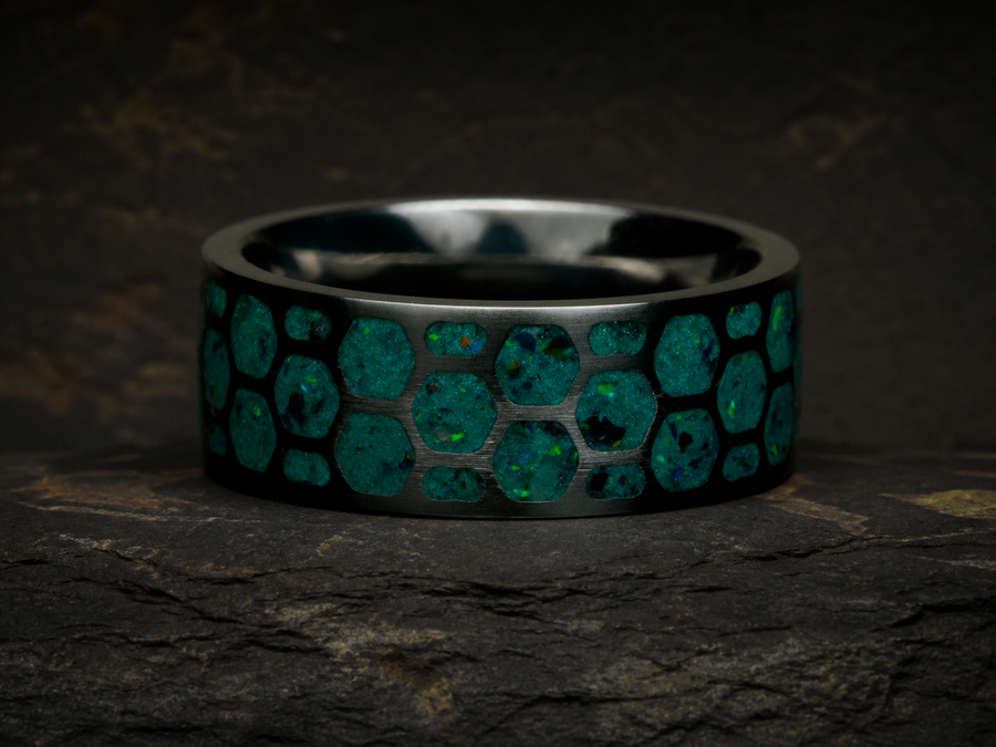 Dragon Scale Archive Ring in titanium with Dragon Scale Bello Opal inlay, size 9, view 1