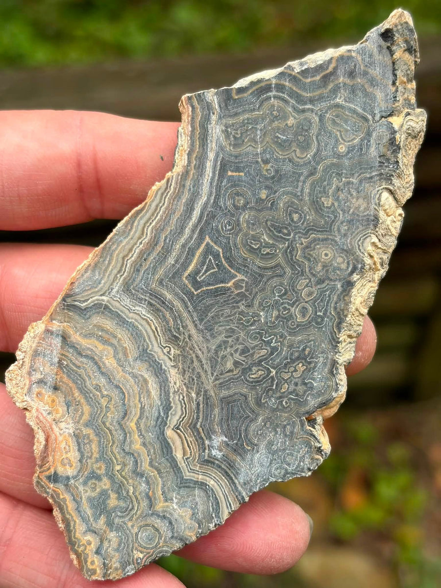 Supplier photograph of Utah flowering tube onyx slab shown wet outdoors