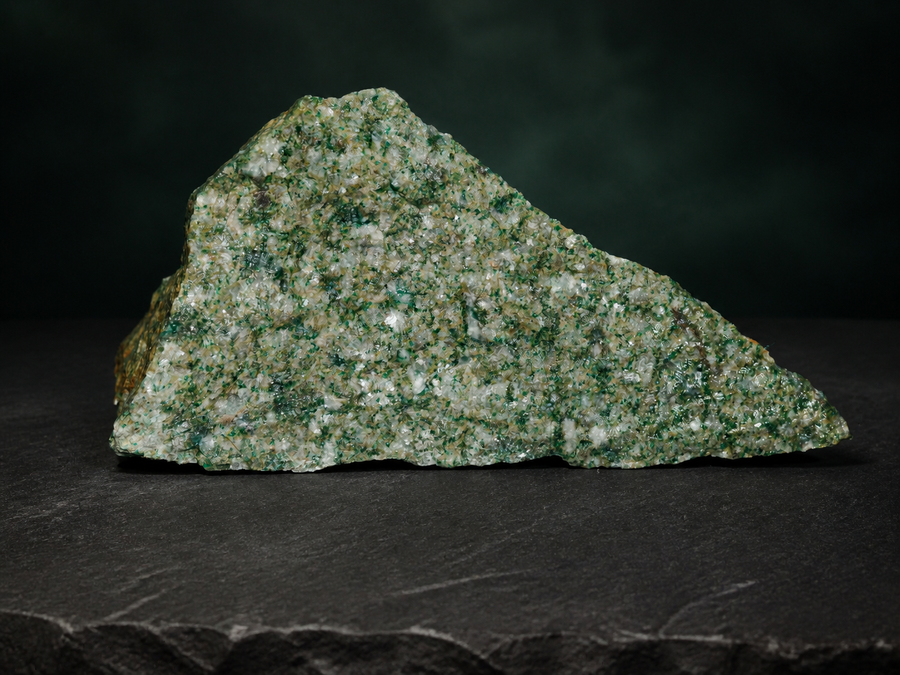 Wide front view of a fuchsite quartzite display specimen