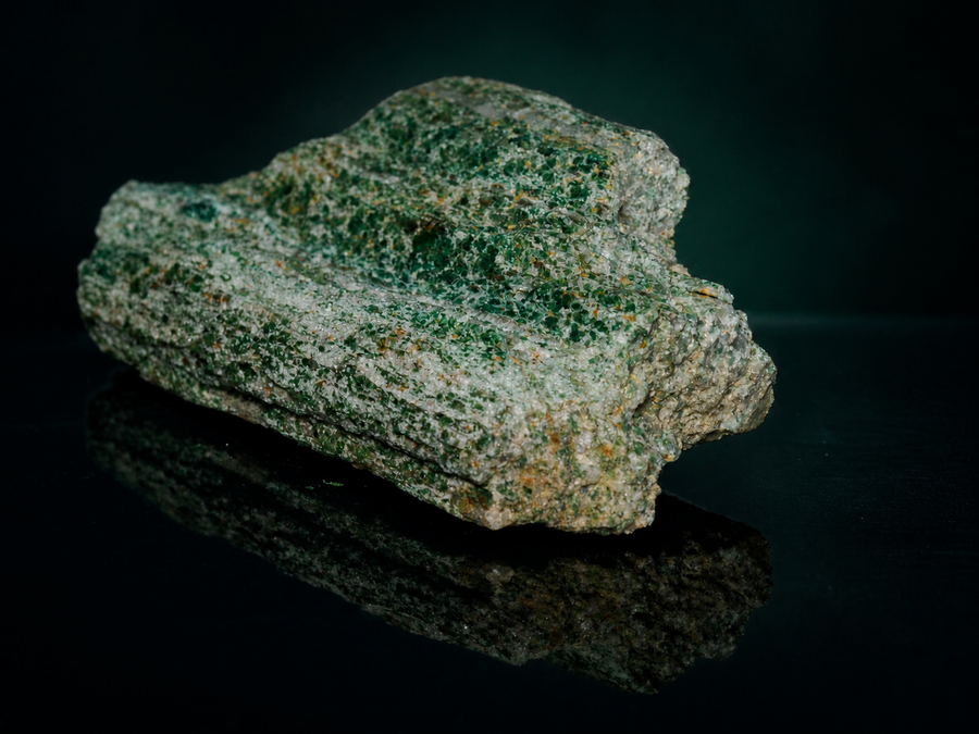 Green fuchsite mica schist display specimen, front three-quarter view