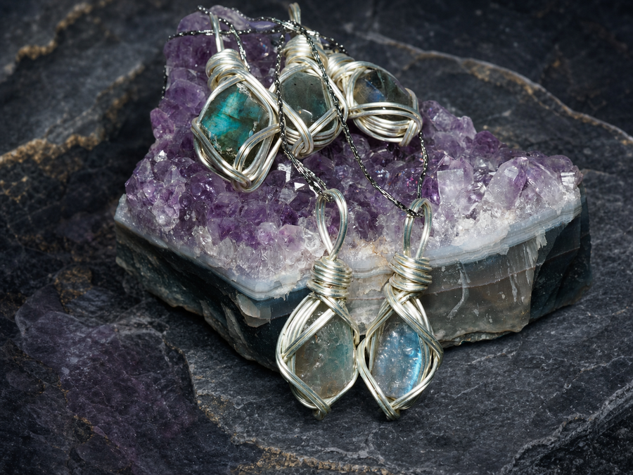 Riftlight natural flash labradorite wire-wrapped pendant necklace, group view