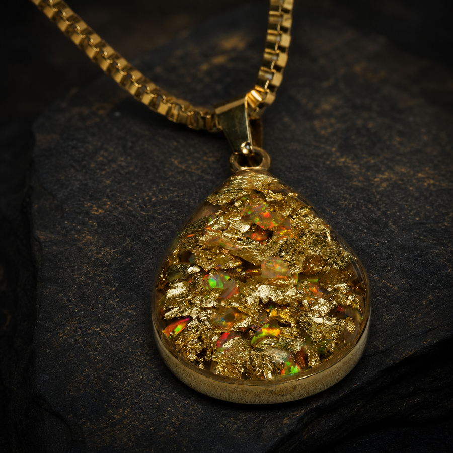 Gilded Blue Amber Reliquary Pendant, pendant, front view.