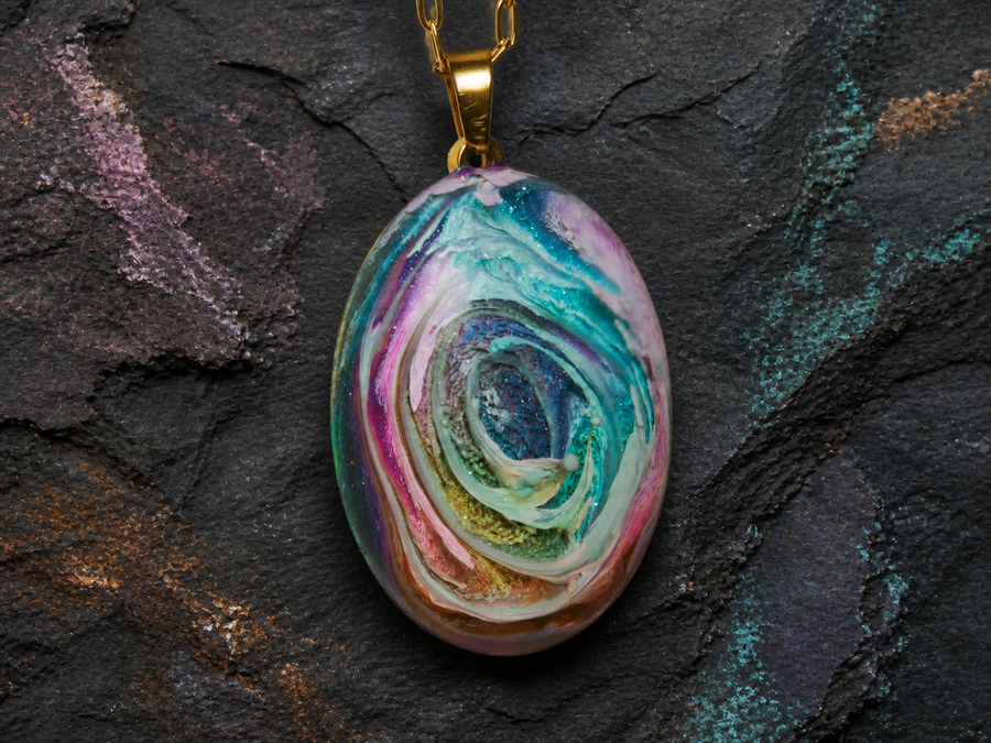 Oval 18K gold-plated pendant with turquoise, lavender and pink alcohol-ink resin artwork on dark slate
