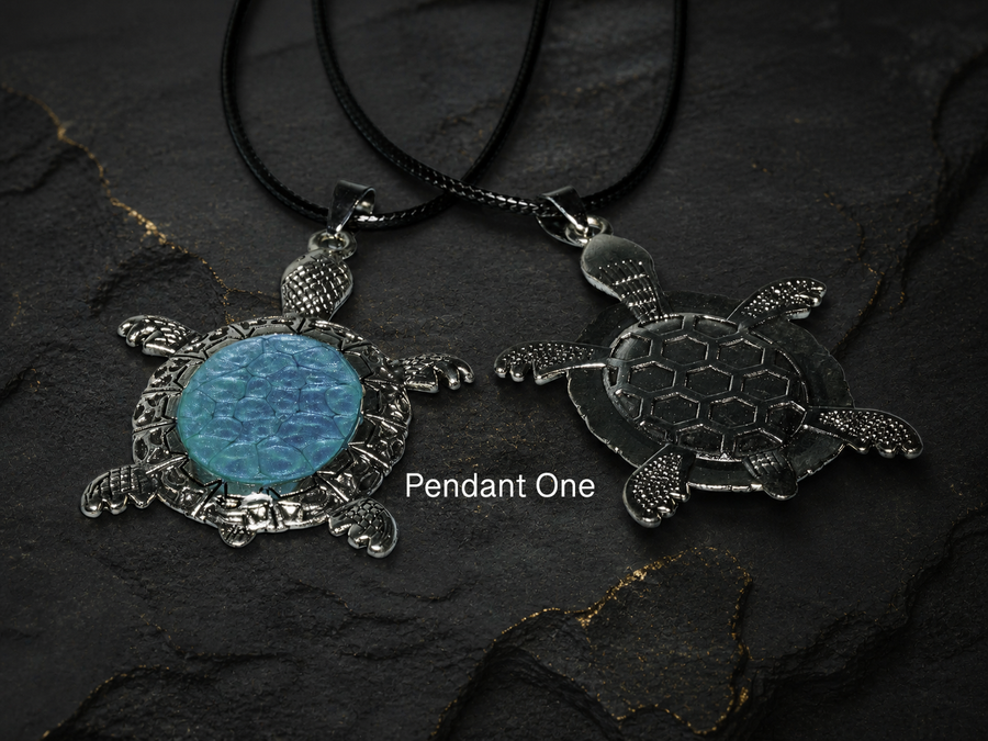 Pendant One front and reverse view, hand-painted silver turtle pendant