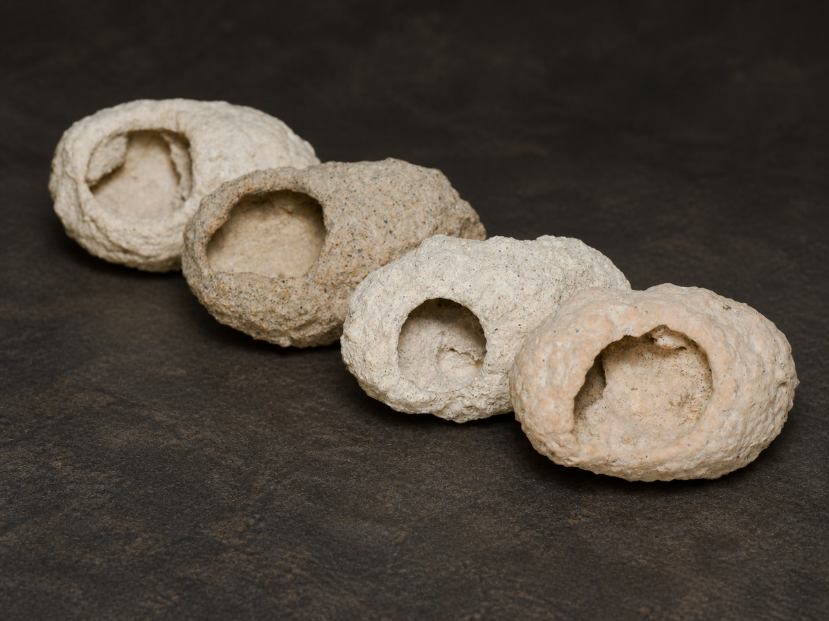 Four Fairy Bonnet fossilised weevil pupal cases from the Eyre Peninsula, showing their different natural colours and openings.
