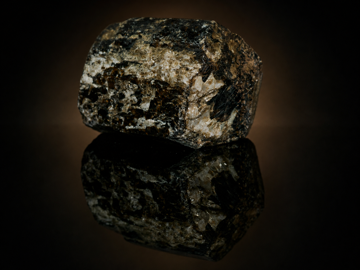 Black Tourmaline (Schorl) in Quartz & Mica — 373 g, mineral specimen, front view.
