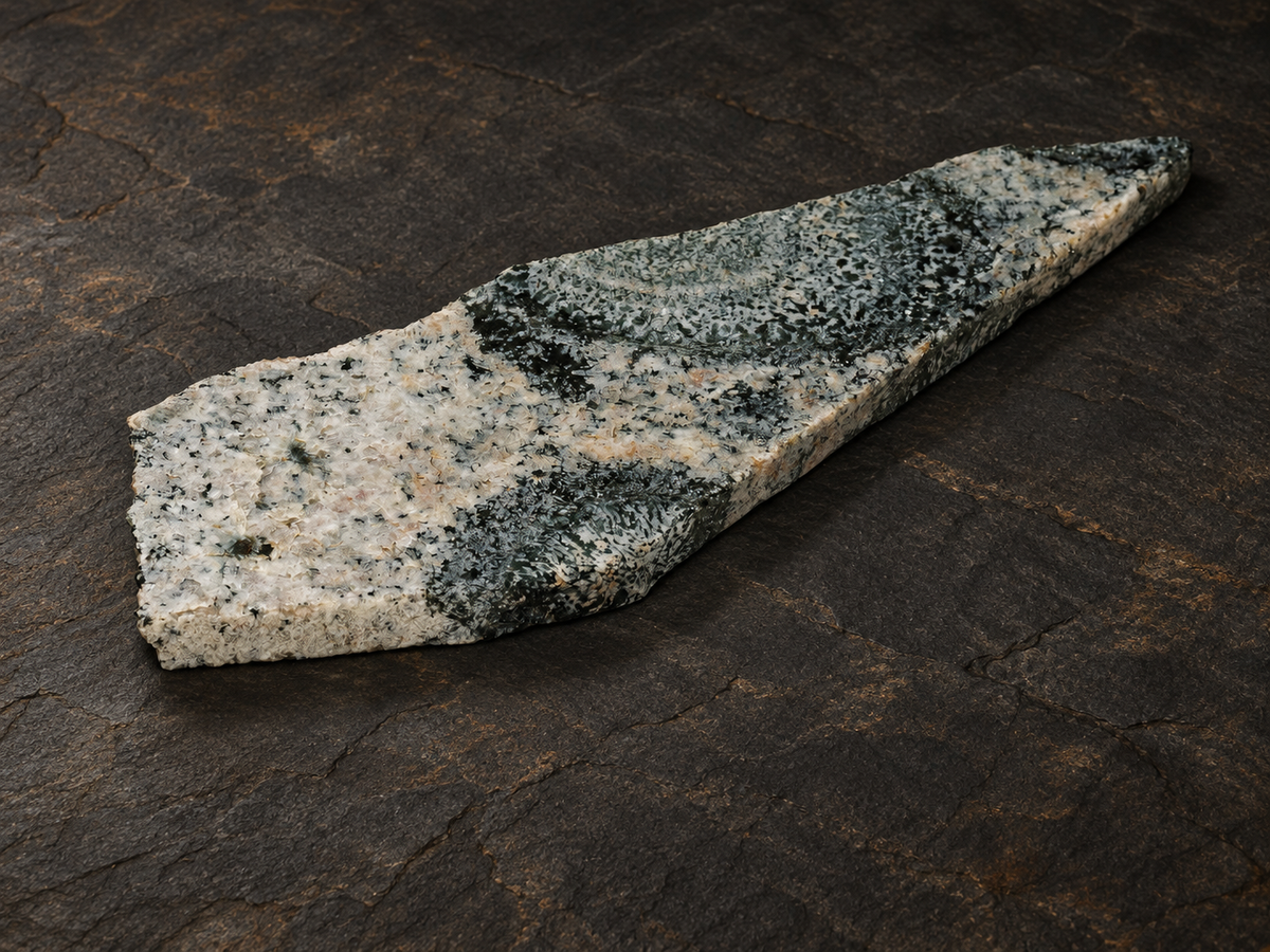 Boogardie orbicular granite slab with pale and dark mineral pattern on dark basalt