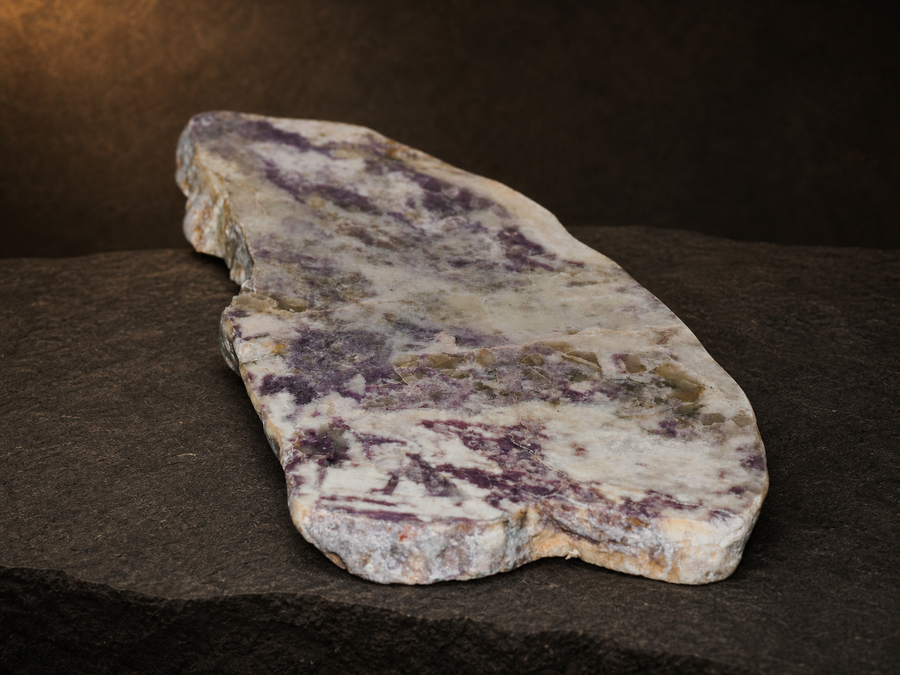 Purple Lepidolite in Quartz & Feldspar Slab — 447 g, mineral slab, front view.