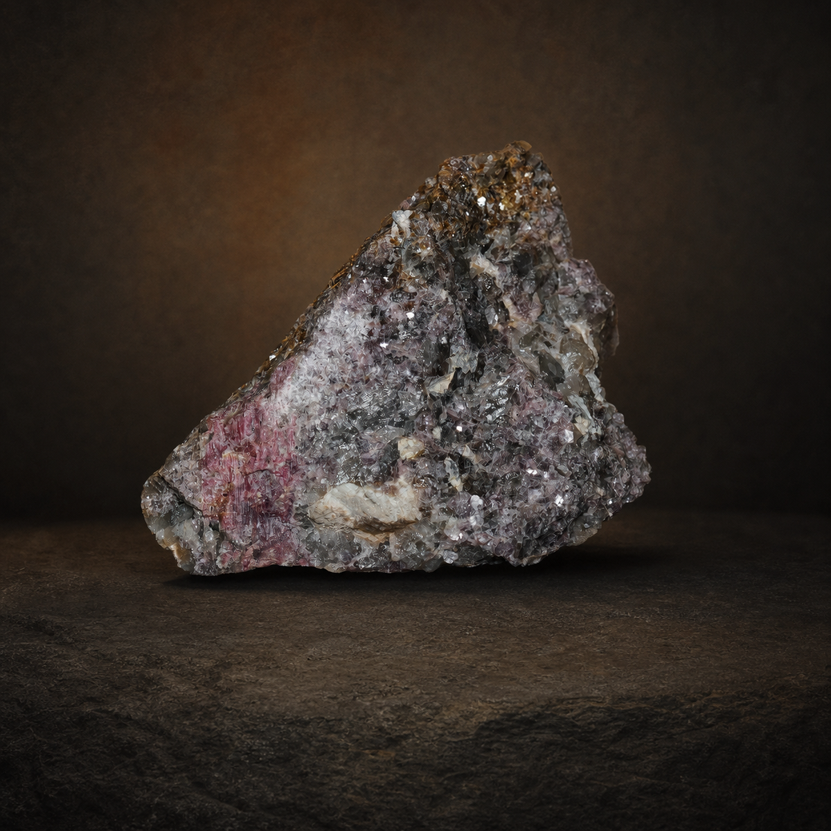 Ravensthorpe Rubellite in Lepidolite — 141 g Cabinet Specimen, mineral specimen, front view.