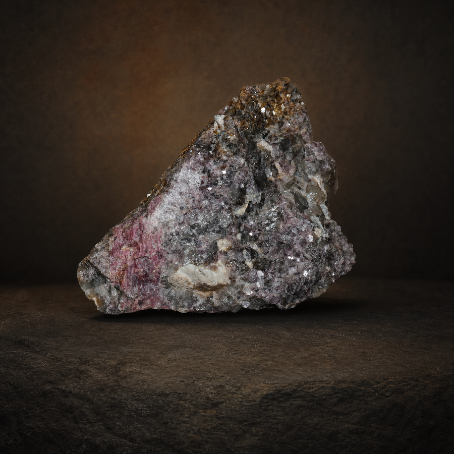 Ravensthorpe Rubellite in Lepidolite — 141 g Cabinet Specimen, mineral specimen, front view.