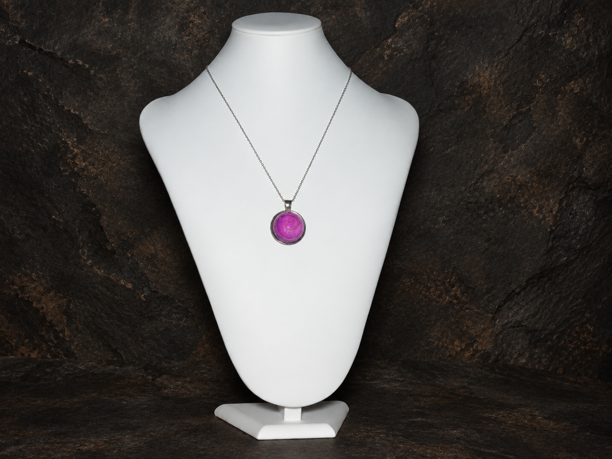 Rose Nebula round pendant necklace shown at full length