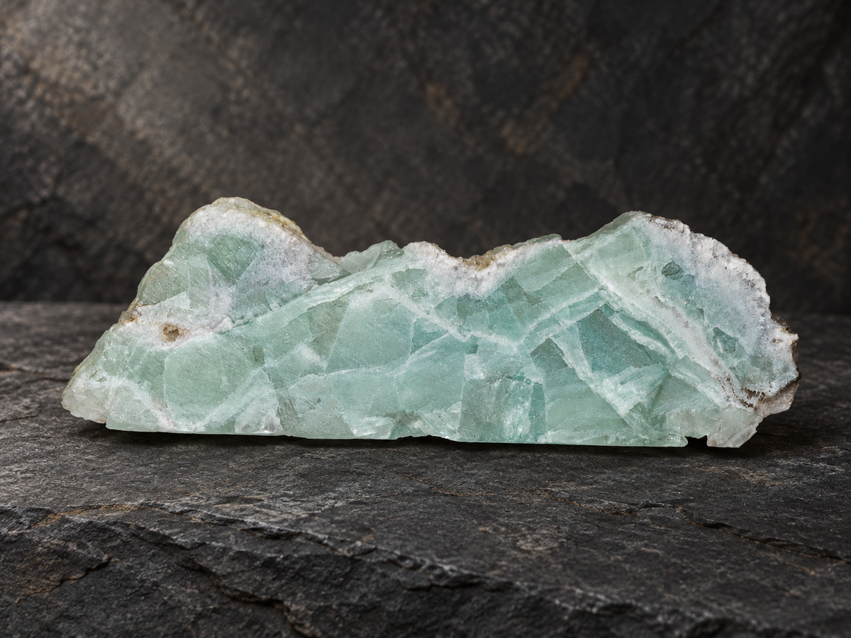 Pale seafoam-green Mexican fluorite slab on dark slate