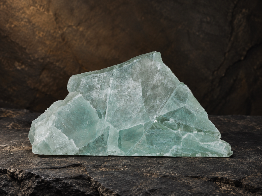 Pale seafoam-green Mexican fluorite thin slab on dark basalt