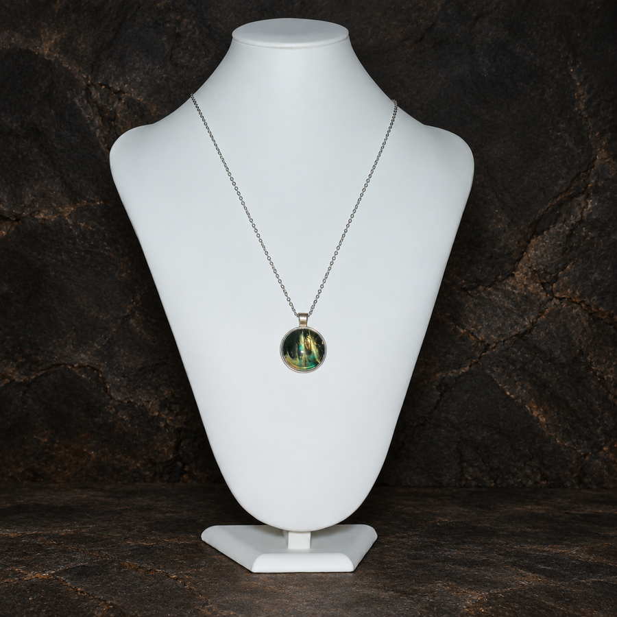 Verdant Rift round pendant necklace shown at full length