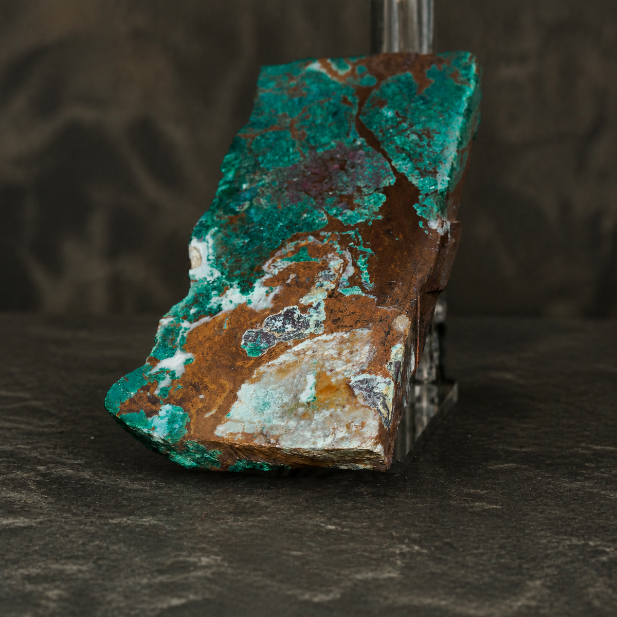 DeGrussa malachite with cuprite specimen on clear acrylic stand
