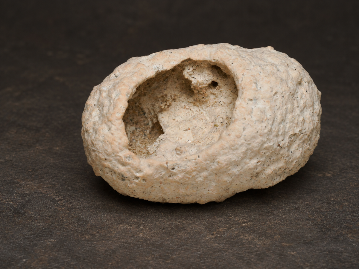 Close view of a peach-cream Fairy Bonnet fossil showing its natural opening and interior texture.