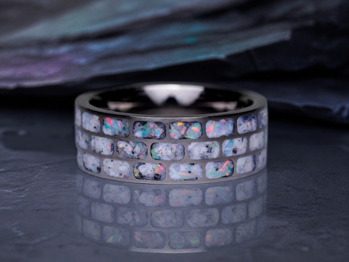 Front-facing Titanium Opal Glow Ring with lab-grown white opal brick inlay