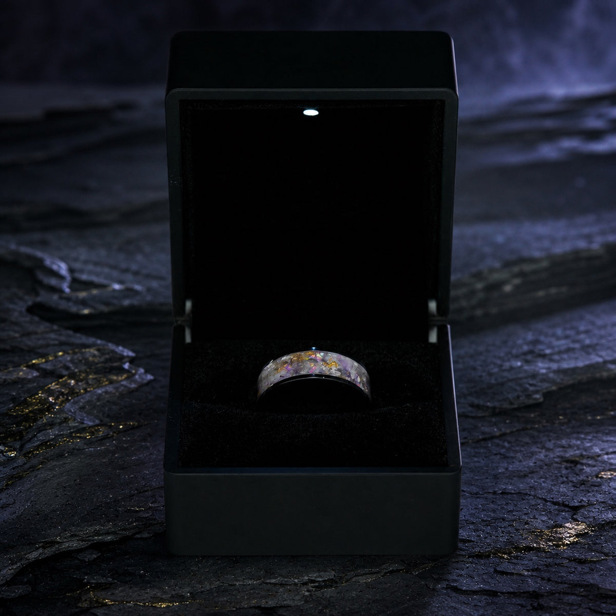 Star-Dust Amethyst ring presented in a light-up luxury ring gift box
