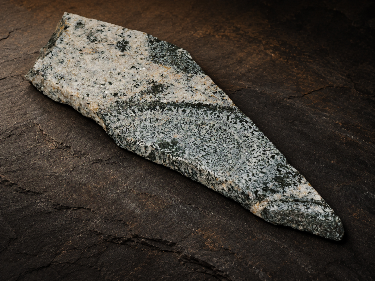 Close view of dark green-black mineral textures in a Boogardie orbicular granite slab