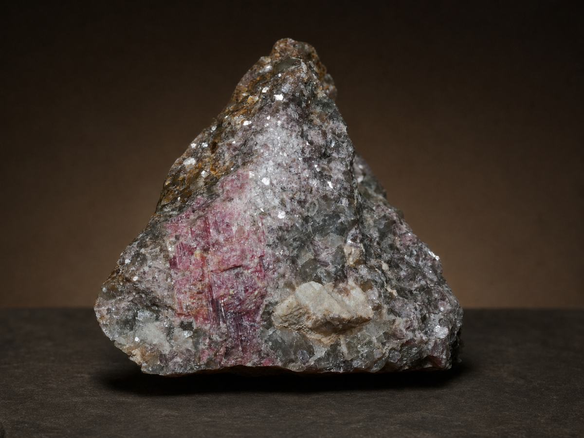 Ravensthorpe Rubellite in Lepidolite — 141 g Cabinet Specimen, mineral specimen, front view.