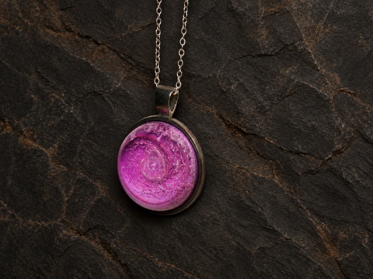 Rose Nebula pink round pendant hanging detail