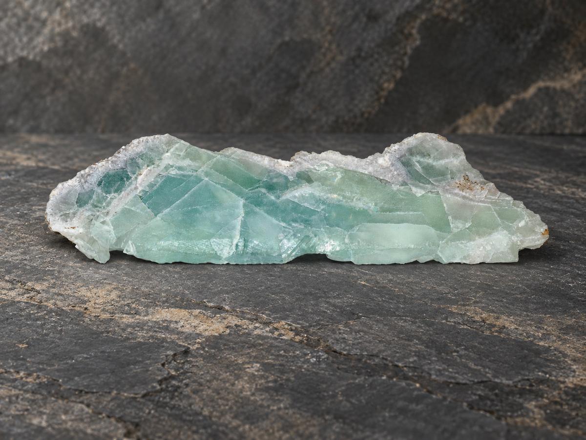 Front view of a natural seafoam-green fluorite slab