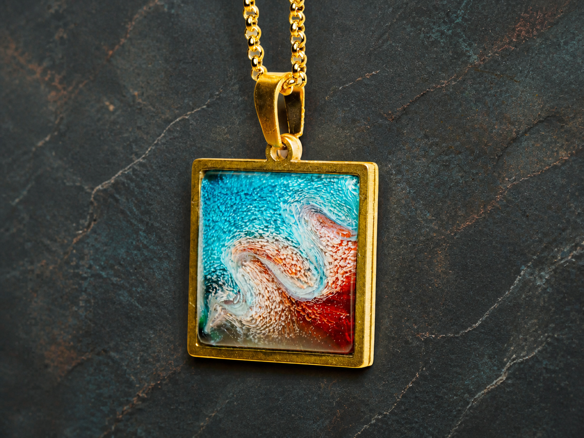 Close front view of the Tidal Fault square pendant