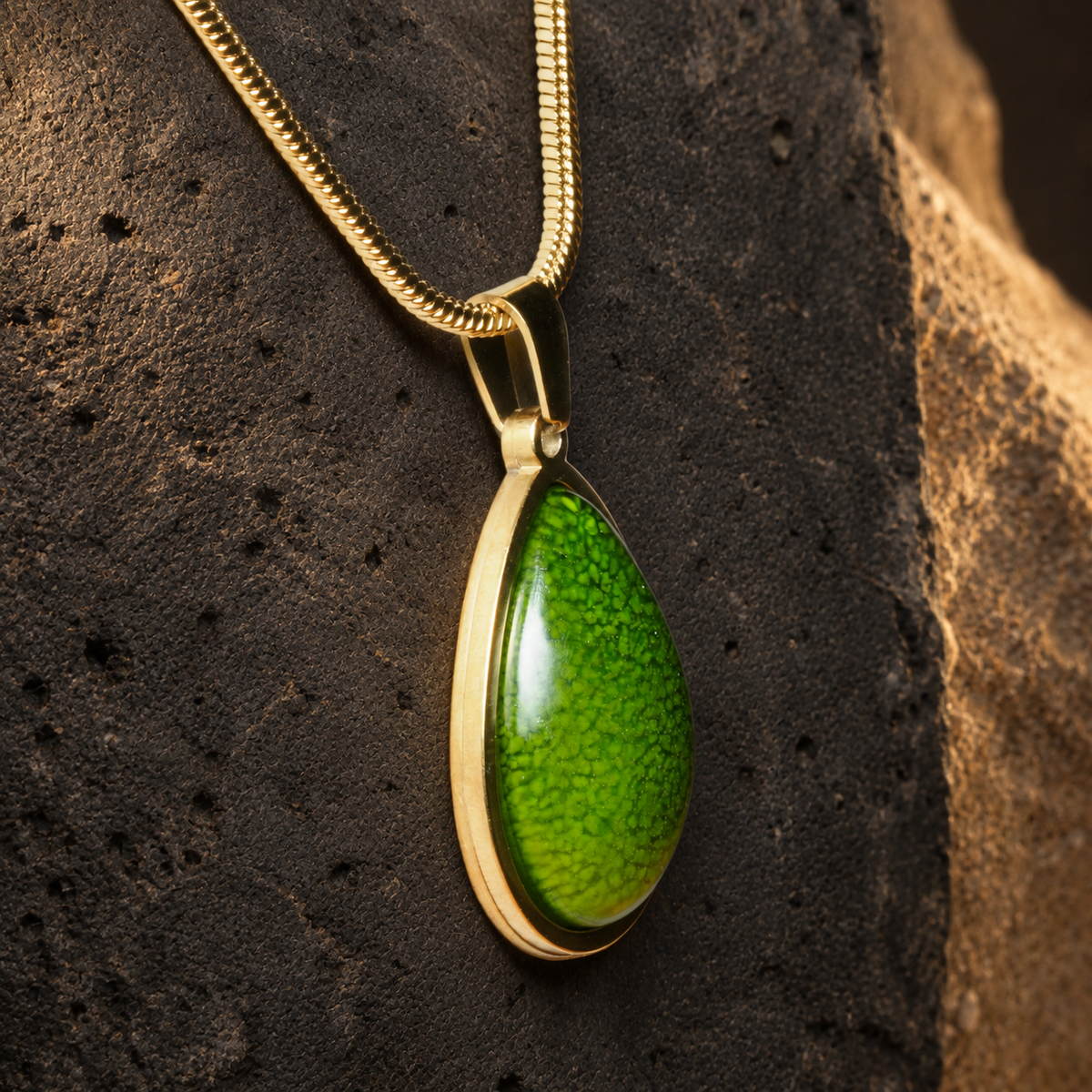 Verdant Archive teardrop pendant, green textured face detail