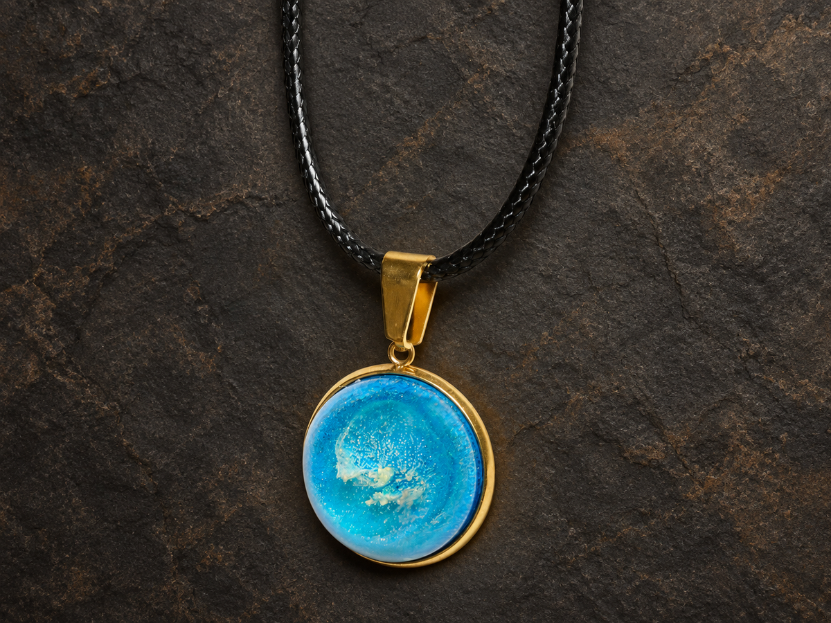 Azure Relic blue disc pendant, front view