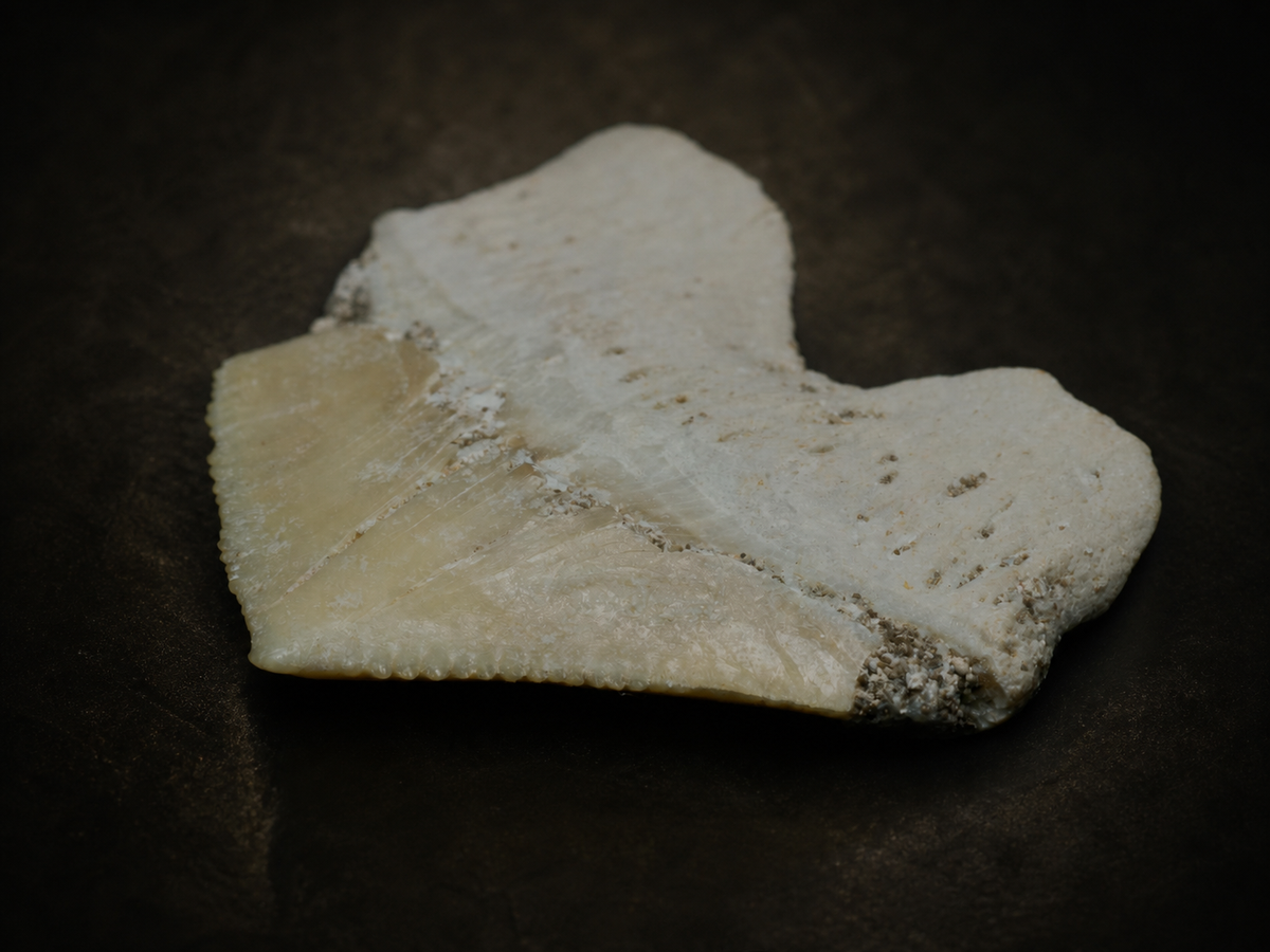 Moroccan Crow Shark Tooth — Squalicorax sp. (65–100 Ma), fossil specimen, reverse view.