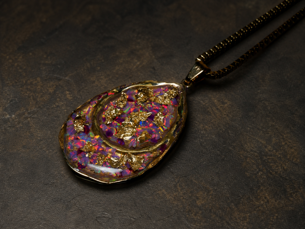Violet Fire Amethyst & Purple Bello Opal Pendant, pendant, close-up detail.
