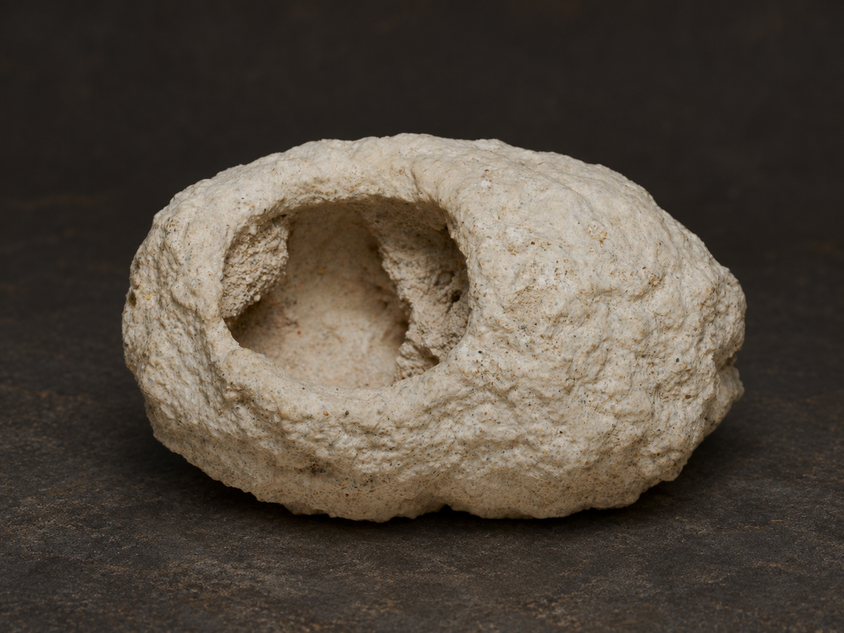 Pale Fairy Bonnet fossil with an irregular opening and preserved sandy interior.