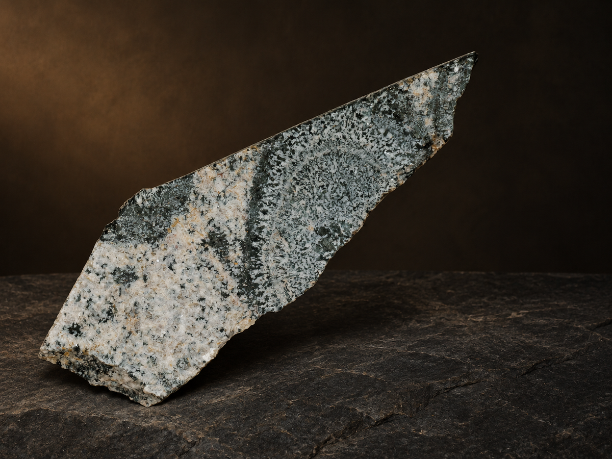 Reverse side of a 235 g Boogardie orbicular granite slab on charcoal basalt