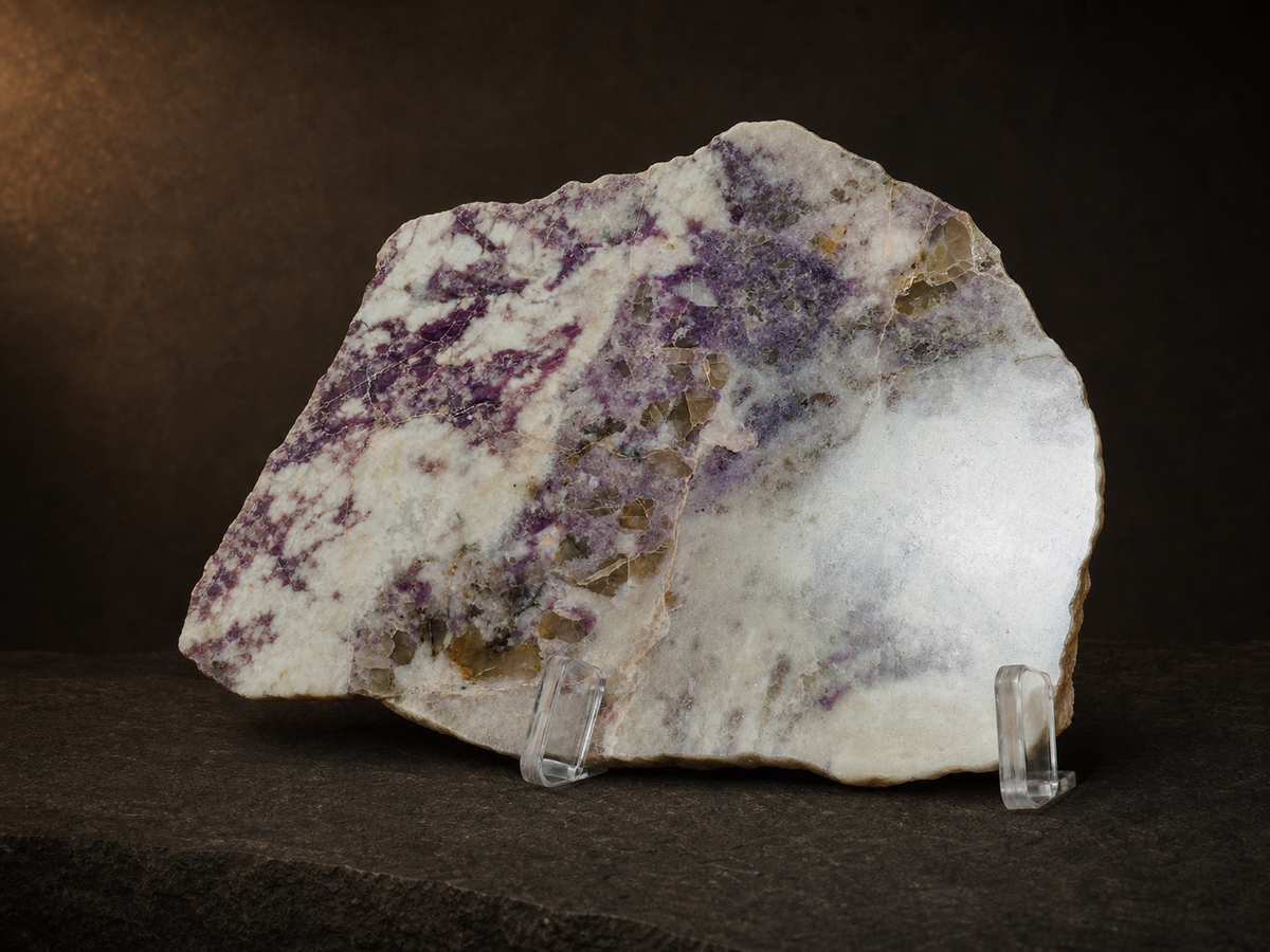 Purple Lepidolite in Quartz & Feldspar Slab — 447 g, mineral slab, close-up detail.