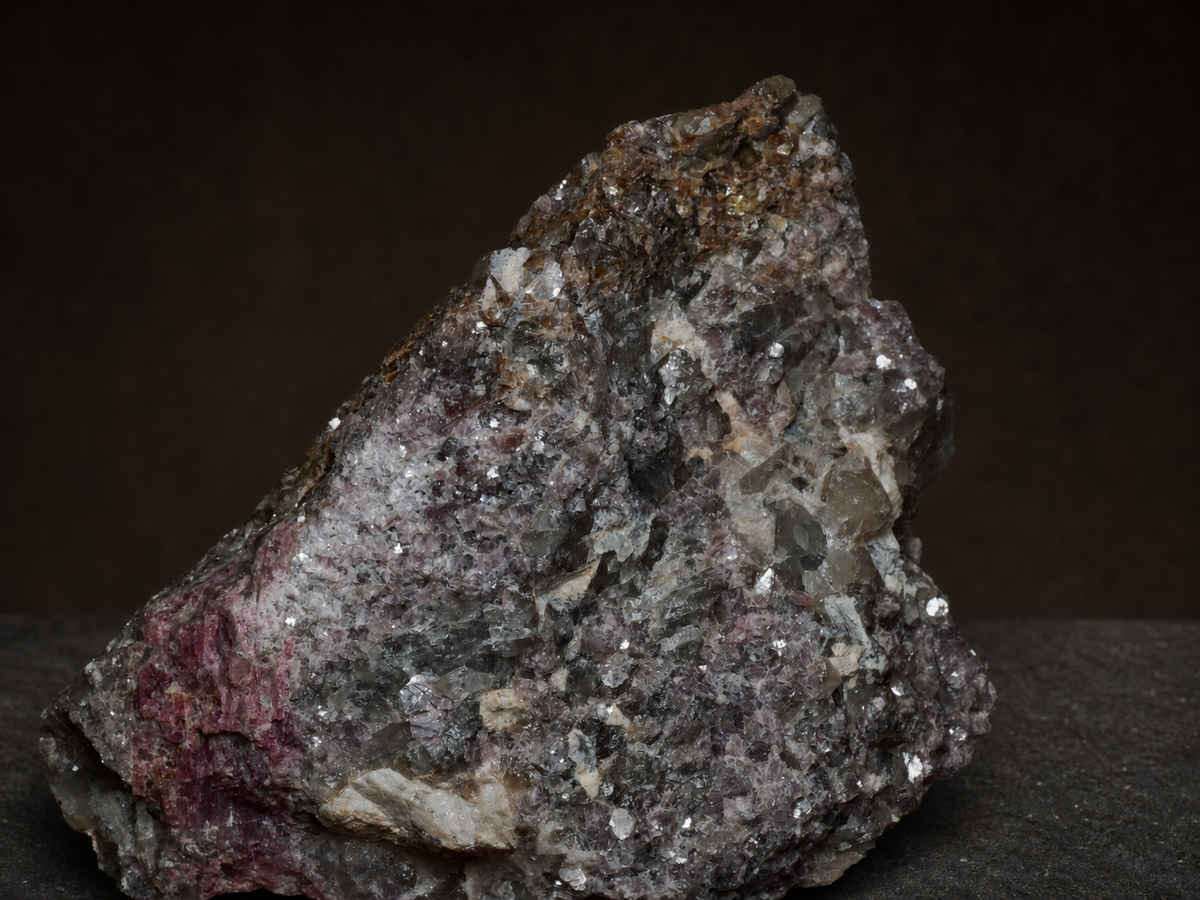 Ravensthorpe Rubellite in Lepidolite — 141 g Cabinet Specimen, mineral specimen, close-up detail.