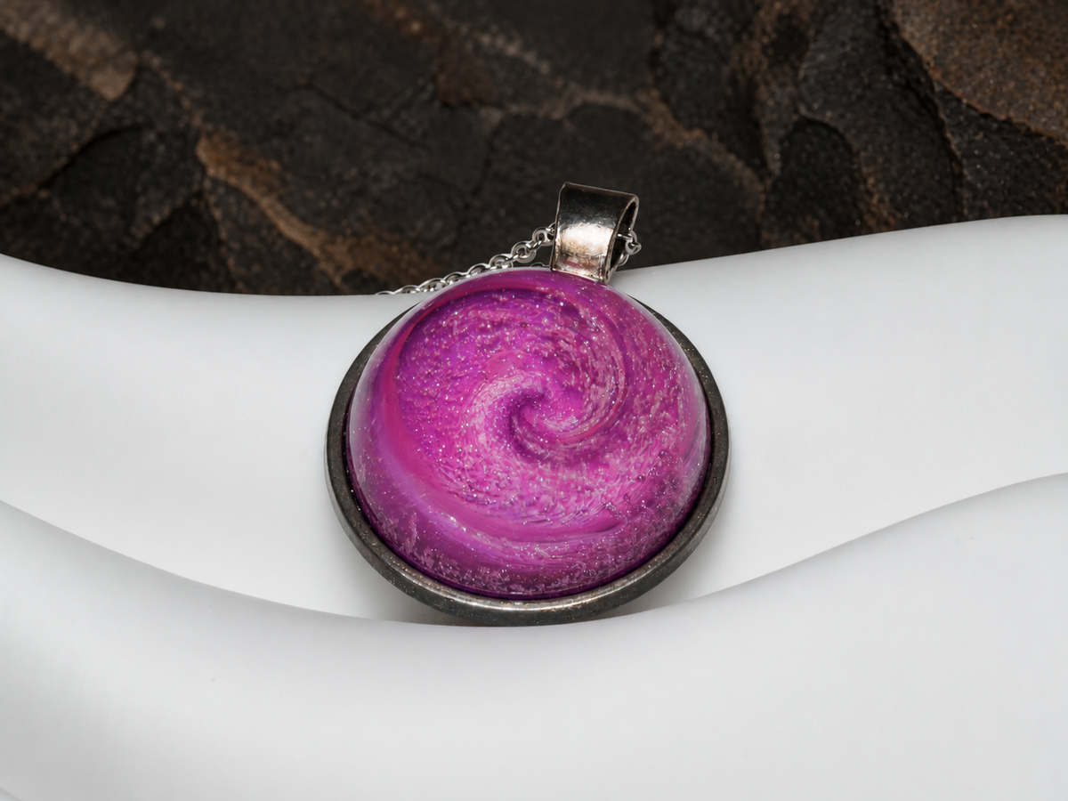 Rose Nebula pink spiral round pendant front close-up