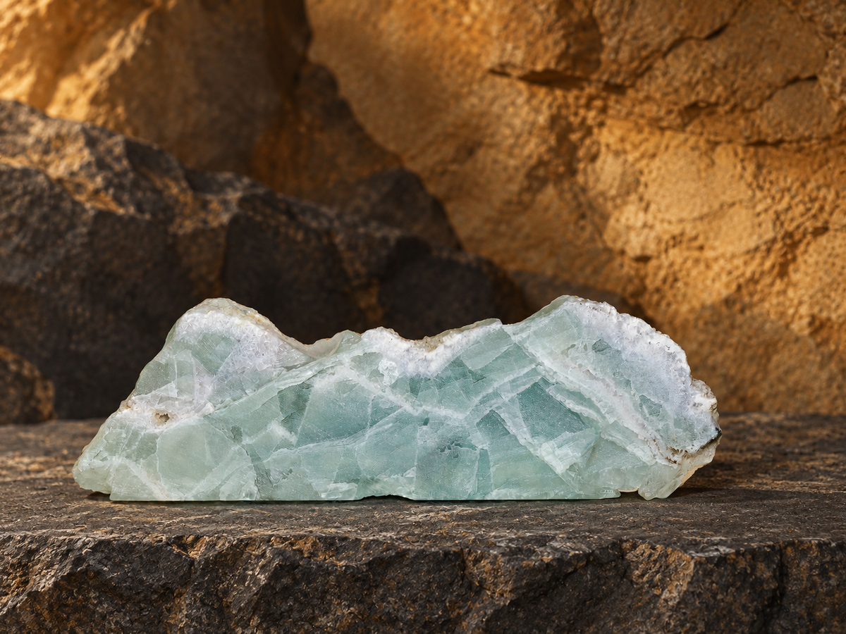 Seafoam-green Mexican fluorite slab against warm ochre stone