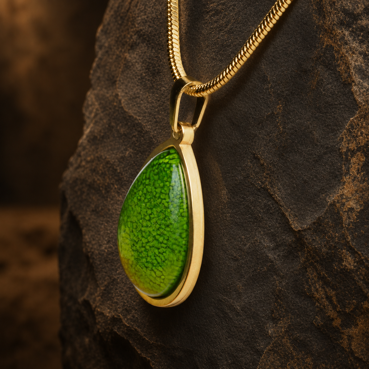 Verdant Archive green teardrop pendant, side view