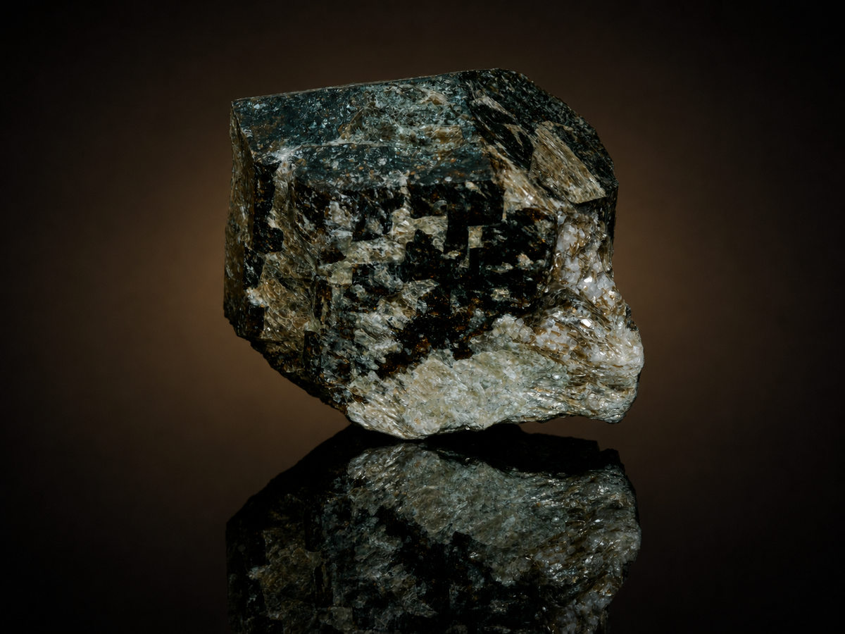 Black Tourmaline (Schorl) in Quartz & Mica — 425 g, mineral specimen, angled view.