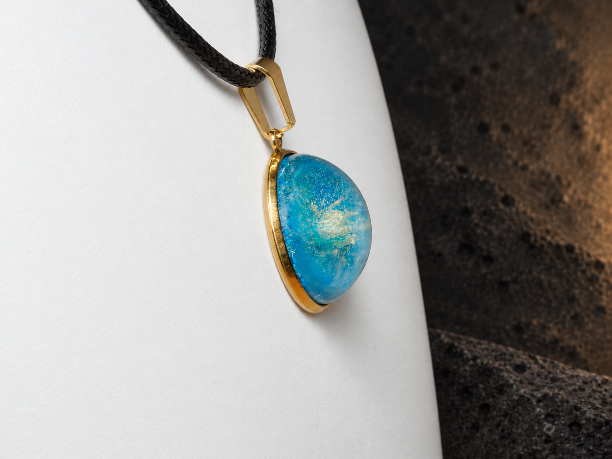 Azure Relic blue disc pendant, side view