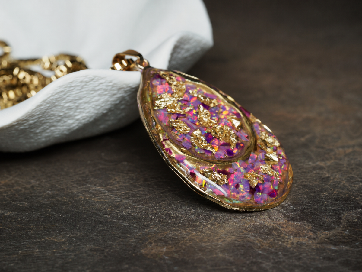 Violet Fire Amethyst & Purple Bello Opal Pendant, pendant, close-up detail.