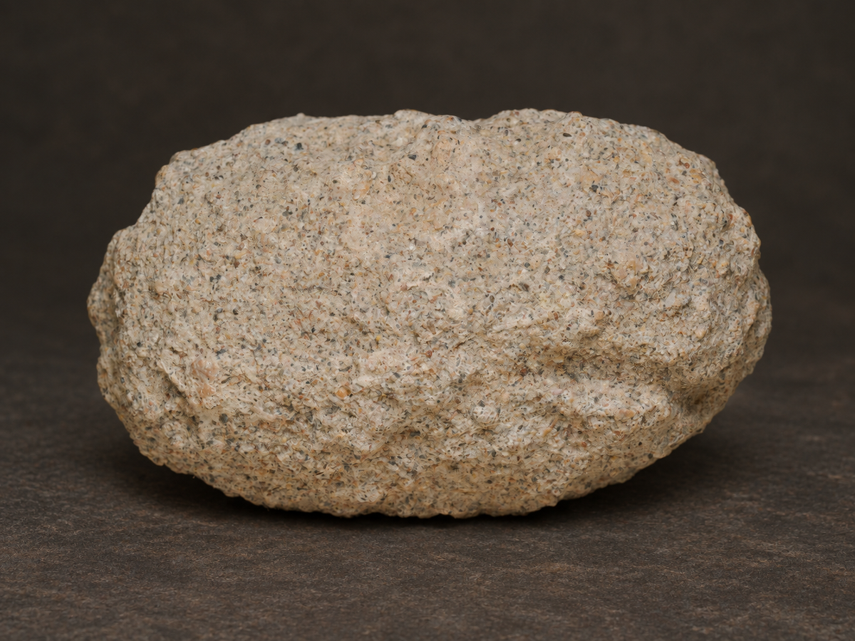 Exterior view of a sand-coloured, grey-speckled Fairy Bonnet fossilised weevil pupal case.