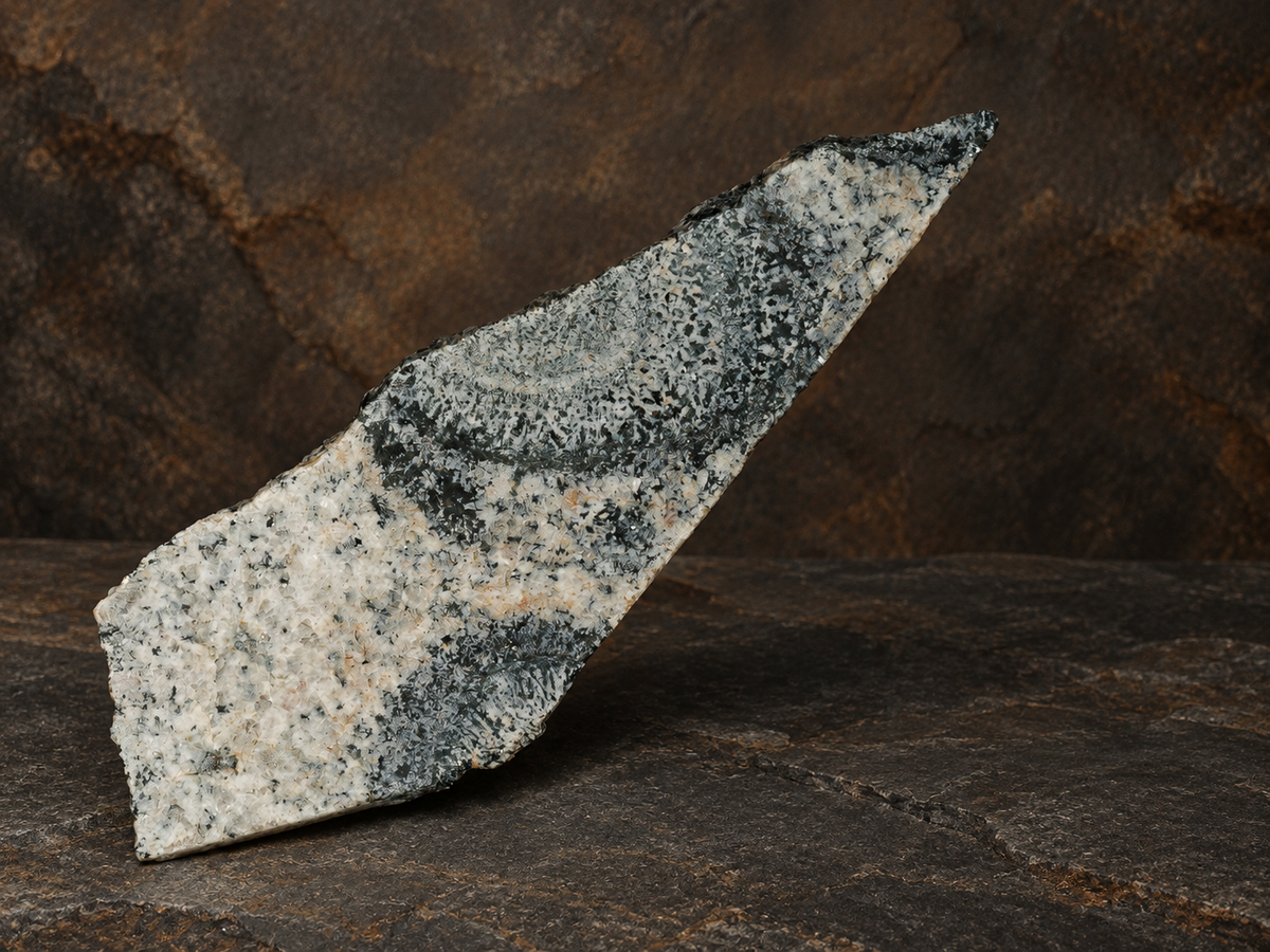 Tapered Boogardie orbicular granite display slab in a warm geological setting