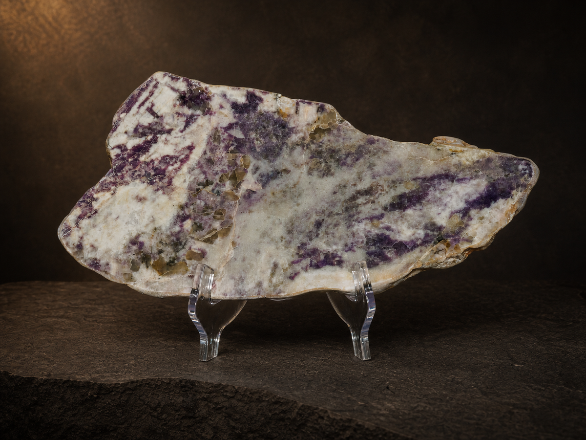 Purple Lepidolite in Quartz & Feldspar Slab — 447 g, mineral slab, angled view.