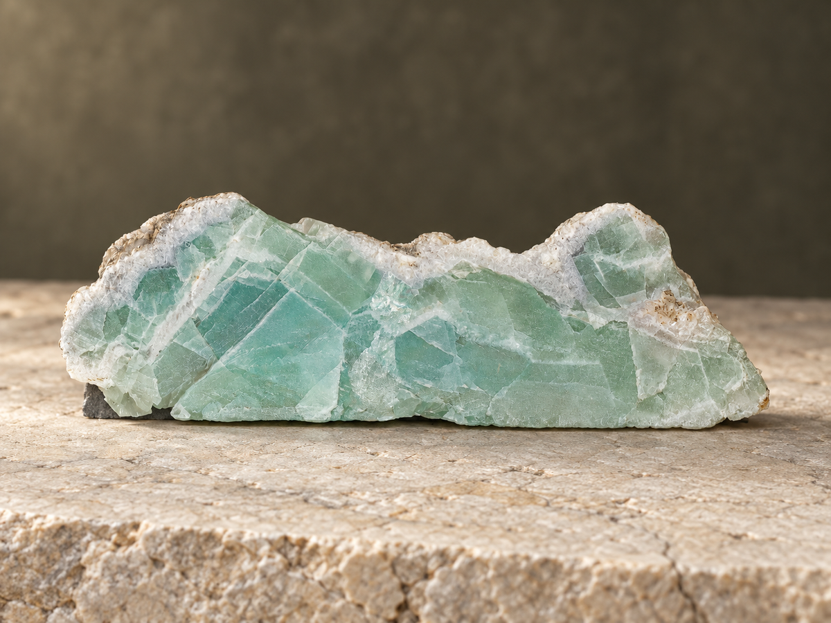 Natural seafoam fluorite slab on pale limestone