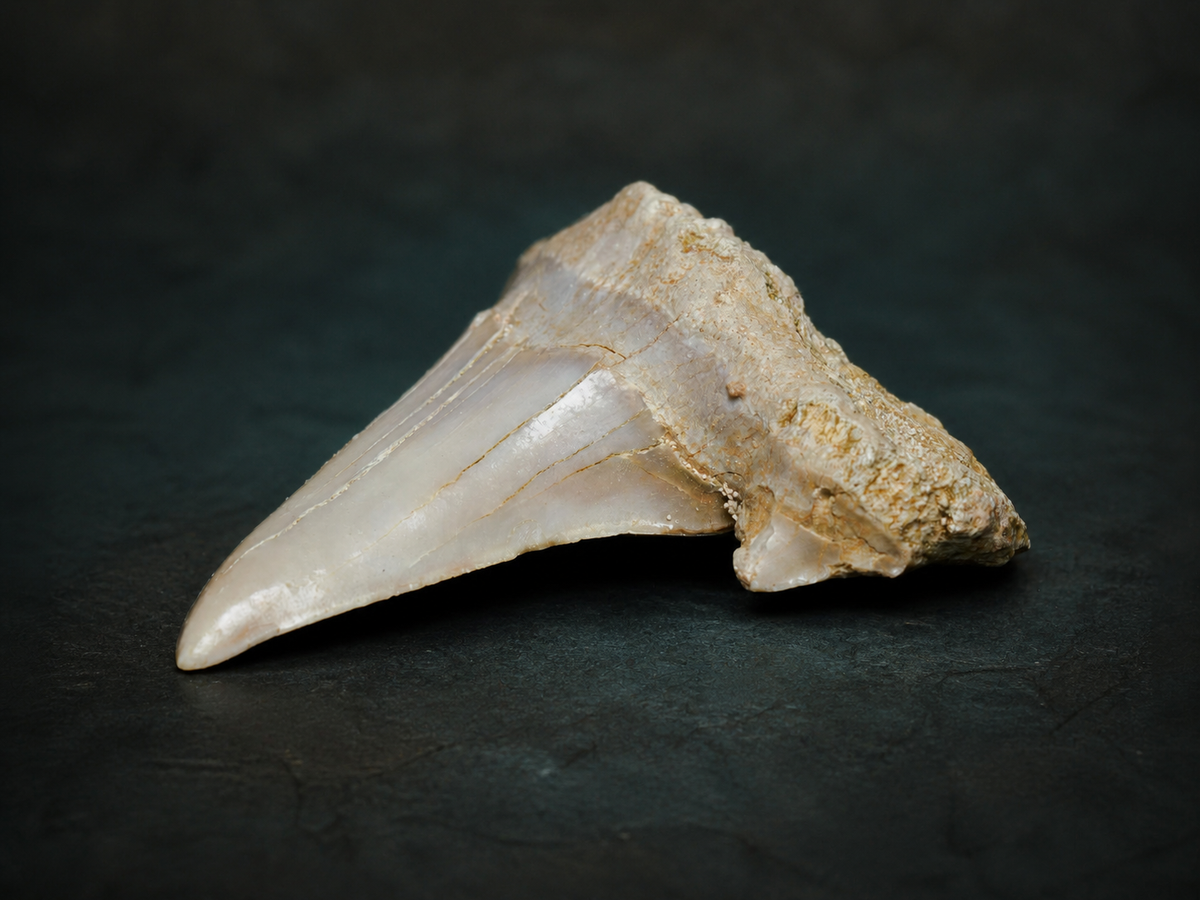 Eocene Otodus obliquus Shark Tooth — Khouribga, Morocco, fossil specimen, side view.
